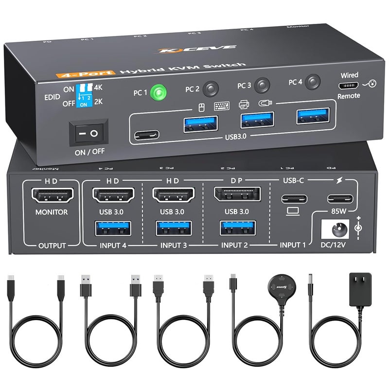 KCEVE 4K KVM Switch 1 Monitors 4 Computers USB-C HDMI DP, EDID Emulator USB 3.0 KVM Switch 4 Port 4K@60Hz for 4 Computer Share Keyboard Mouse and 1 HDMI Monitor, with Power Adapter and Wired Remote - Image 1